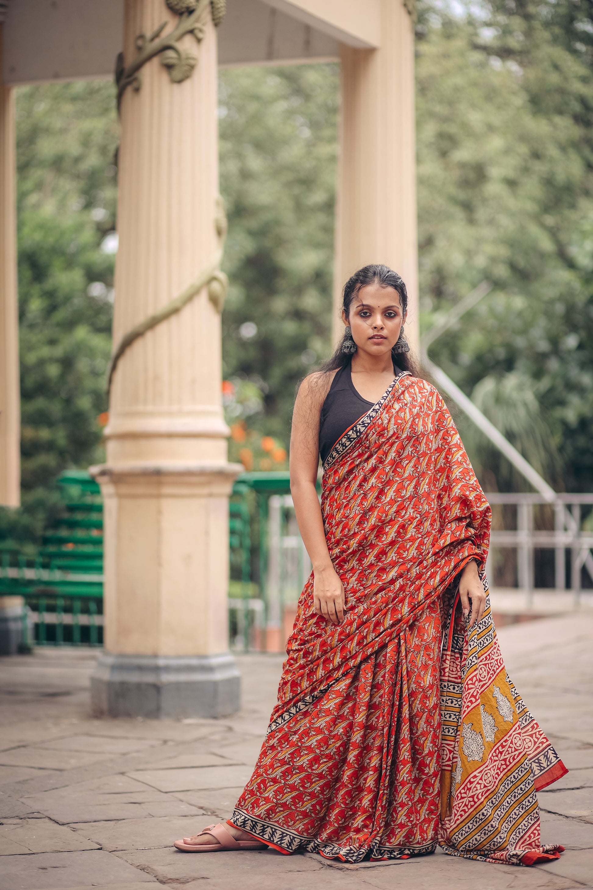 Gaurbandh- Bagru Natural Dyes Handblock Printed - Cotton Mulmul Saree