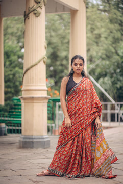 Gaurbandh- Bagru Natural Dyes Handblock Printed - Cotton Mulmul Saree