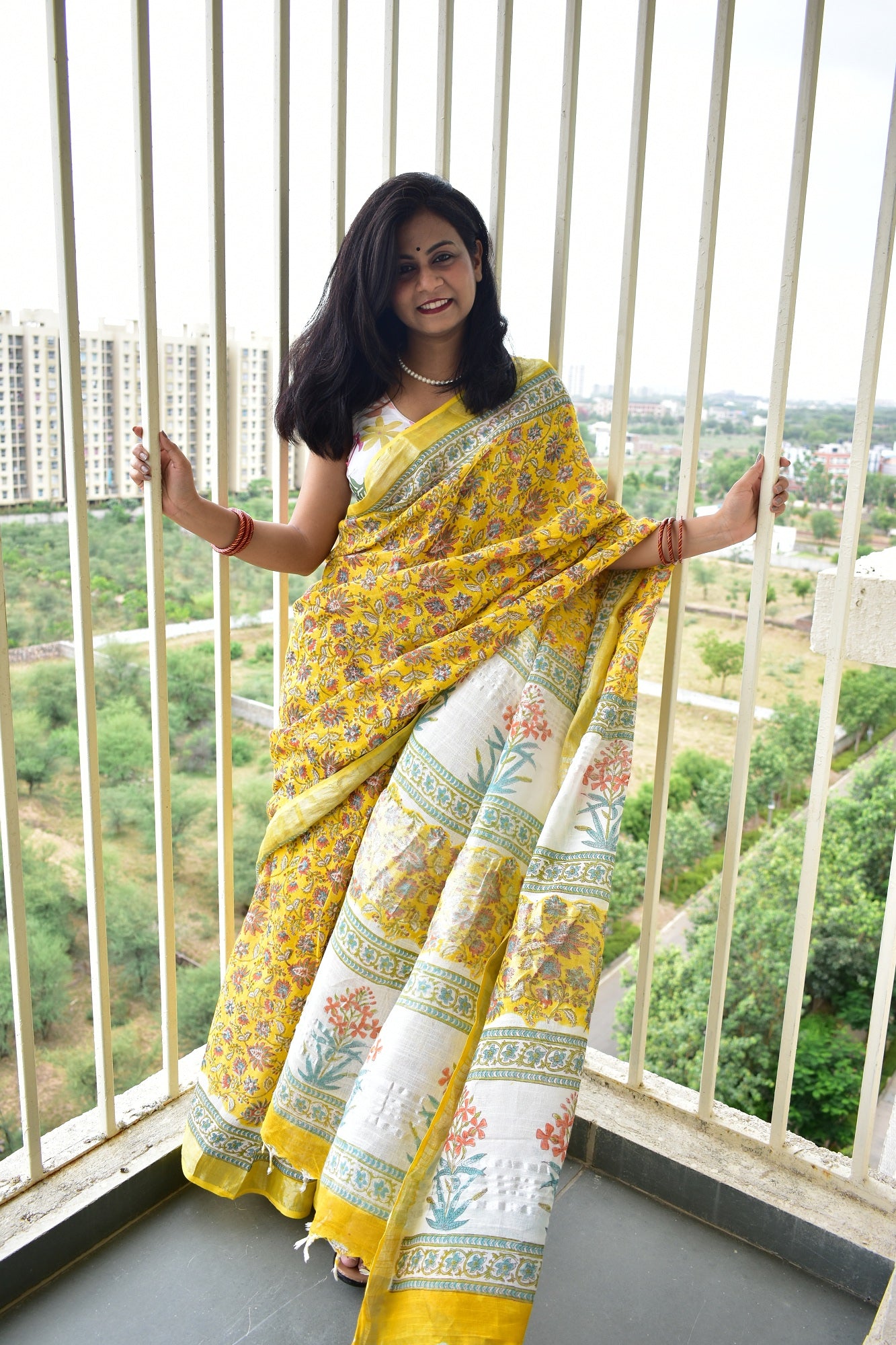 Marigold - Handblock Print Natural Dyed - Linen Cotton Saree