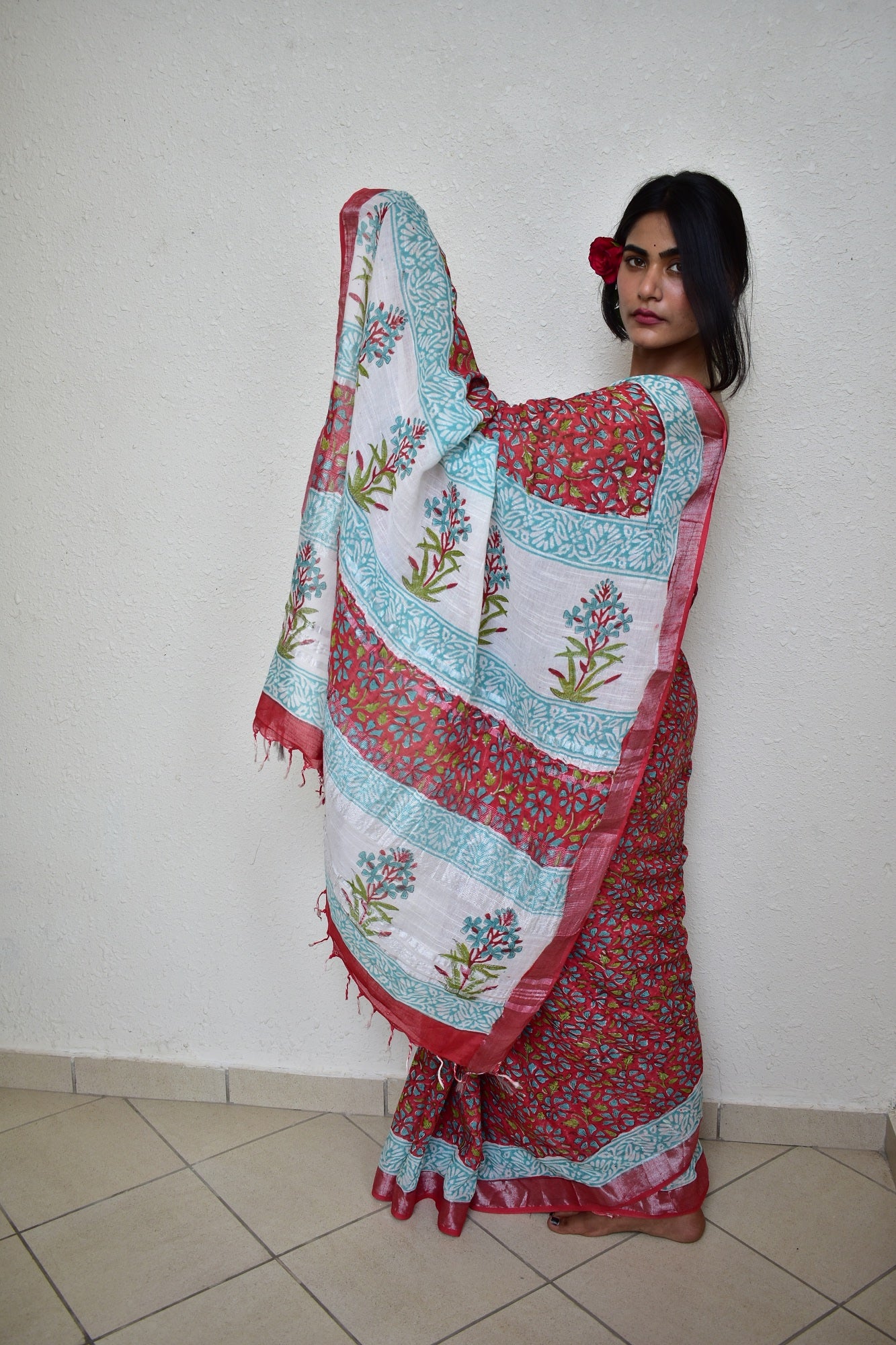 Red Ixora - Handblock Print Natural Dyed - Linen Cotton Saree