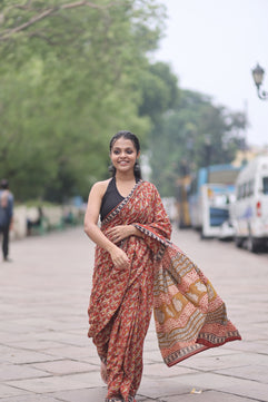 Gaurbandh- Bagru Natural Dyes Handblock Printed - Cotton Mulmul Saree