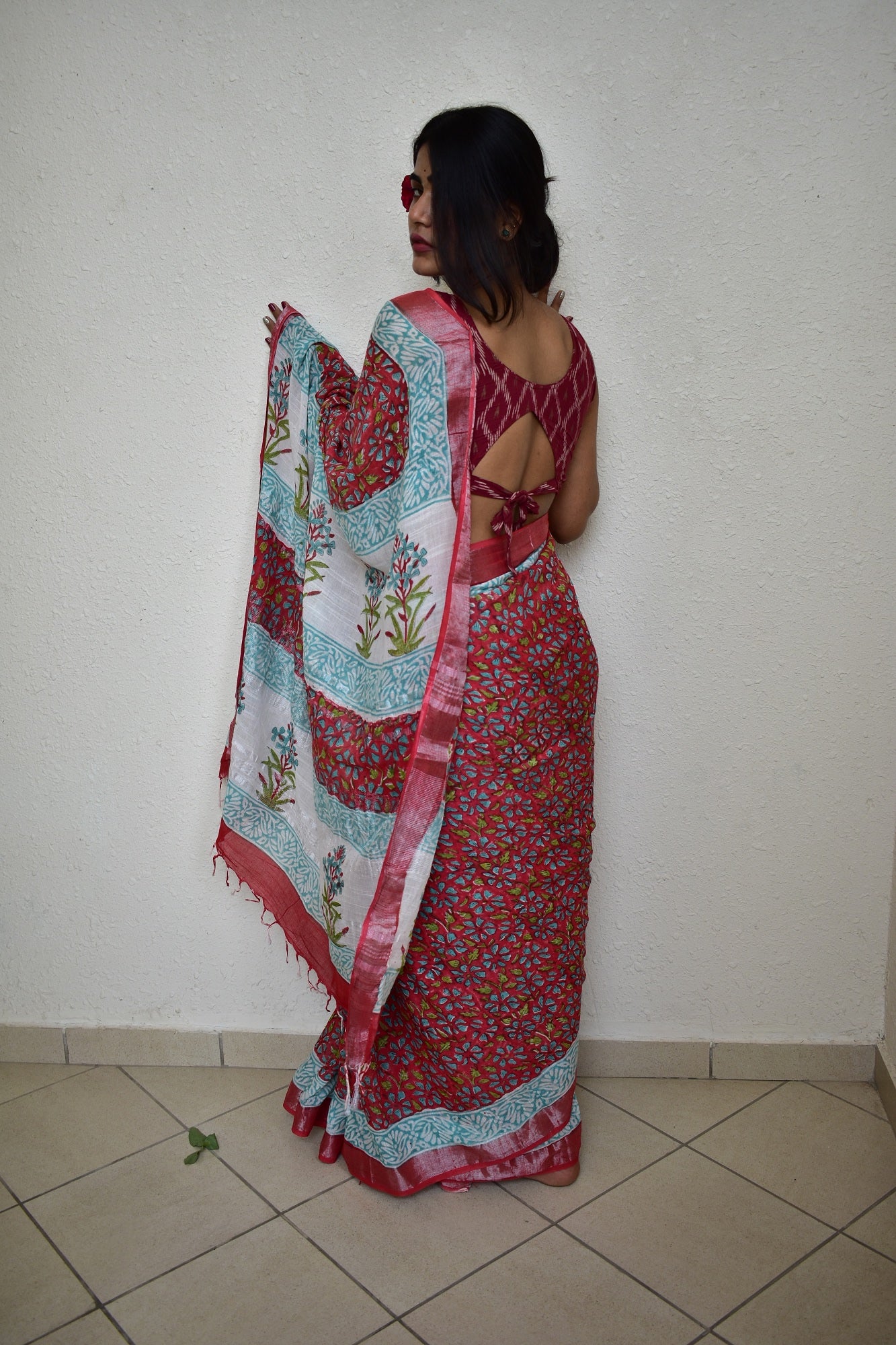 Red Ixora - Handblock Print Natural Dyed - Linen Cotton Saree