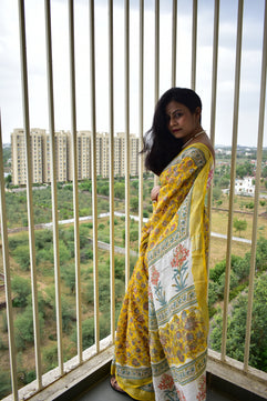 Marigold - Handblock Print Natural Dyed - Linen Cotton Saree