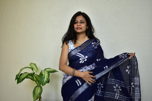 Indigofera Enchatment - Handblock Print Natural Dyed - Linen Cotton Saree