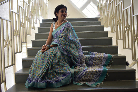 Aprajita - Handblock Print Natural Dyed - Linen Cotton Saree