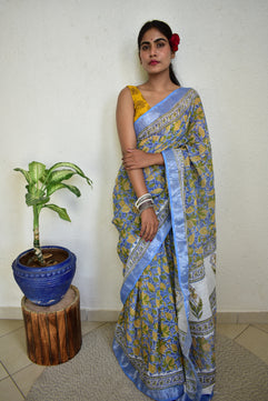 Yellow kaner - Handblock Print Natural Dyed - Linen Cotton Saree