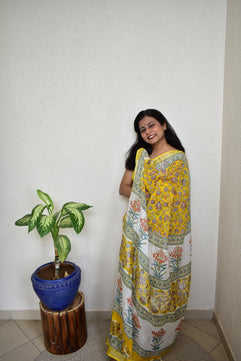 Marigold - Handblock Print Natural Dyed - Linen Cotton Saree