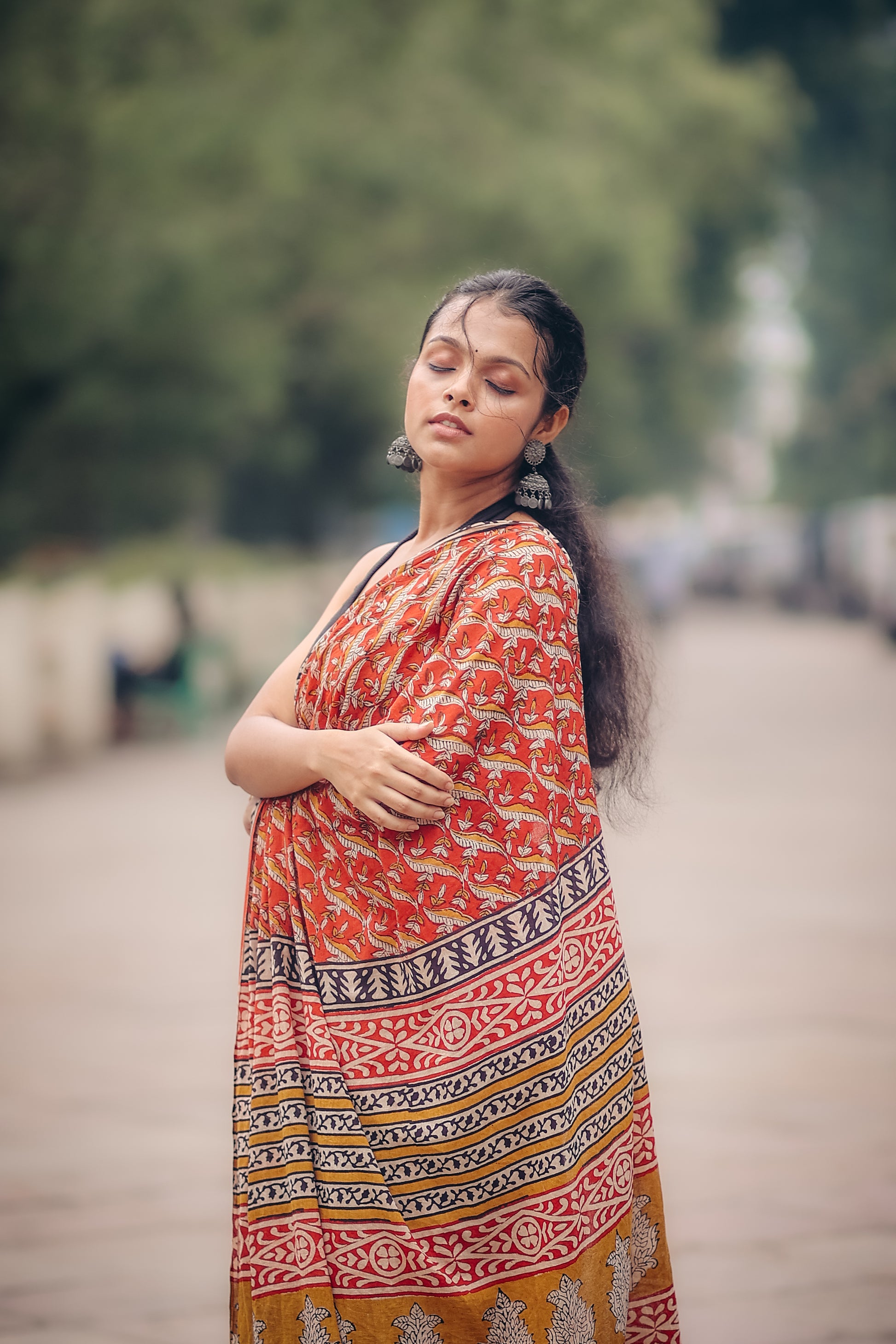 Gaurbandh- Bagru Natural Dyes Handblock Printed - Cotton Mulmul Saree