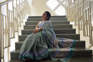 Aprajita - Handblock Print Natural Dyed - Linen Cotton Saree