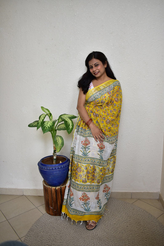 Marigold - Handblock Print Natural Dyed - Linen Cotton Saree