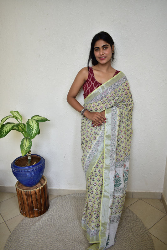 Sadabahar - Handblock Print Natural Dyed - Linen Cotton Saree