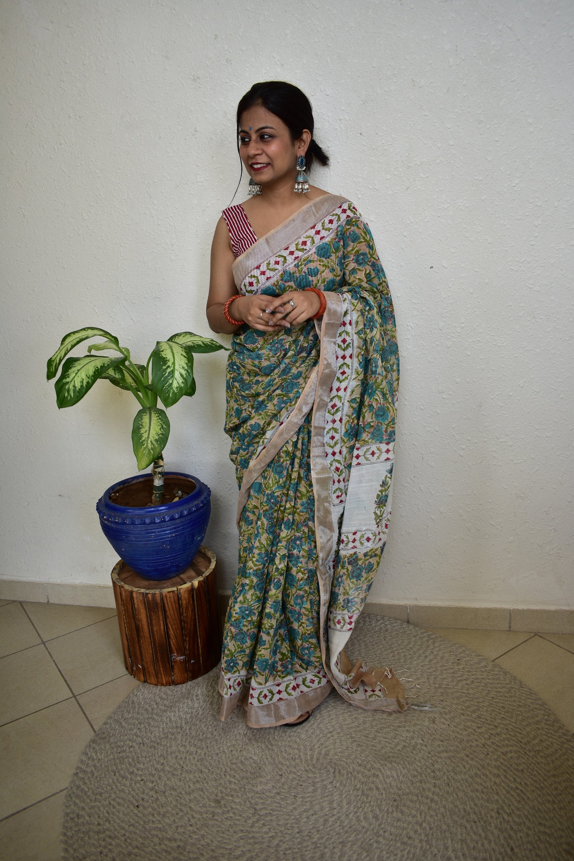 Delphinium - Handblock Print Natural Dyed - Linen Cotton Saree