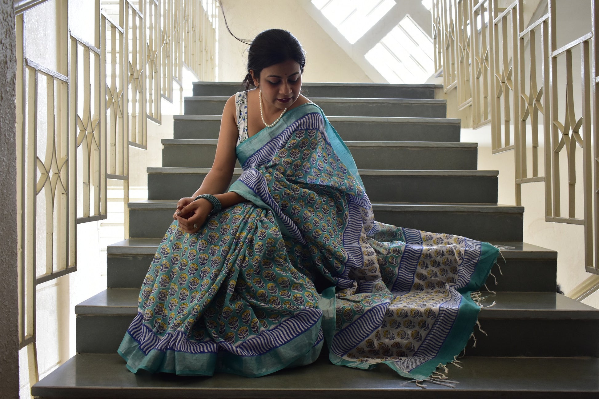 Aprajita - Handblock Print Natural Dyed - Linen Cotton Saree