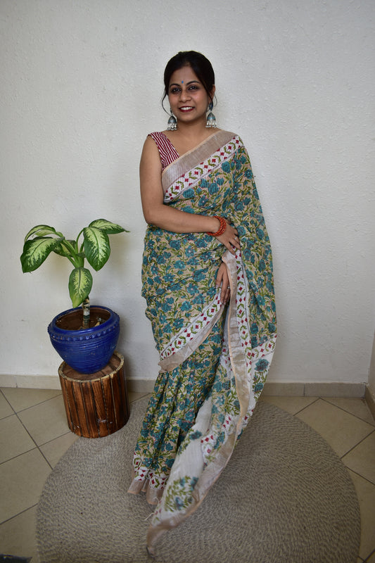 Delphinium - Handblock Print Natural Dyed - Linen Cotton Saree