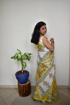 Marigold - Handblock Print Natural Dyed - Linen Cotton Saree