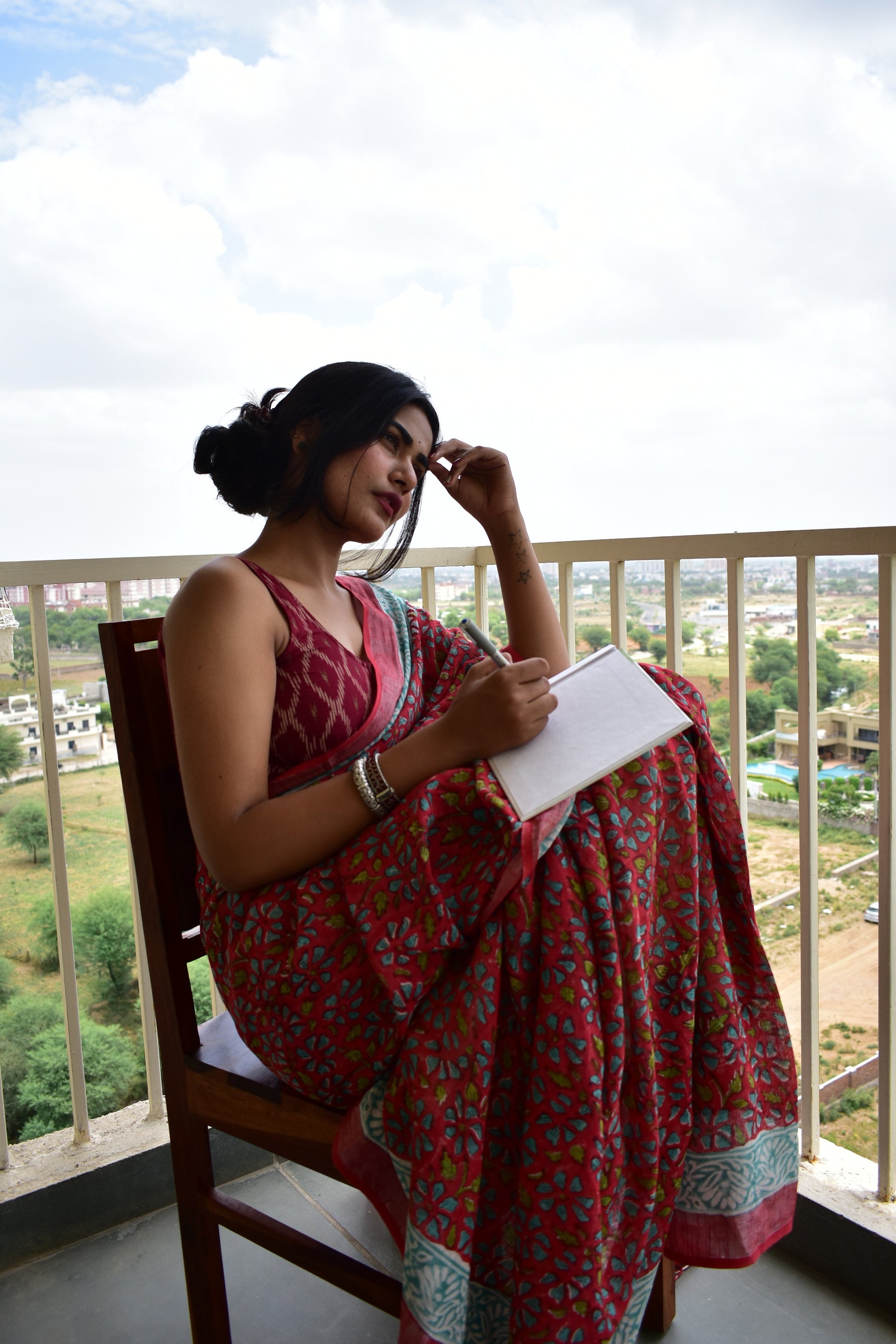 Red Ixora - Handblock Print Natural Dyed - Linen Cotton Saree