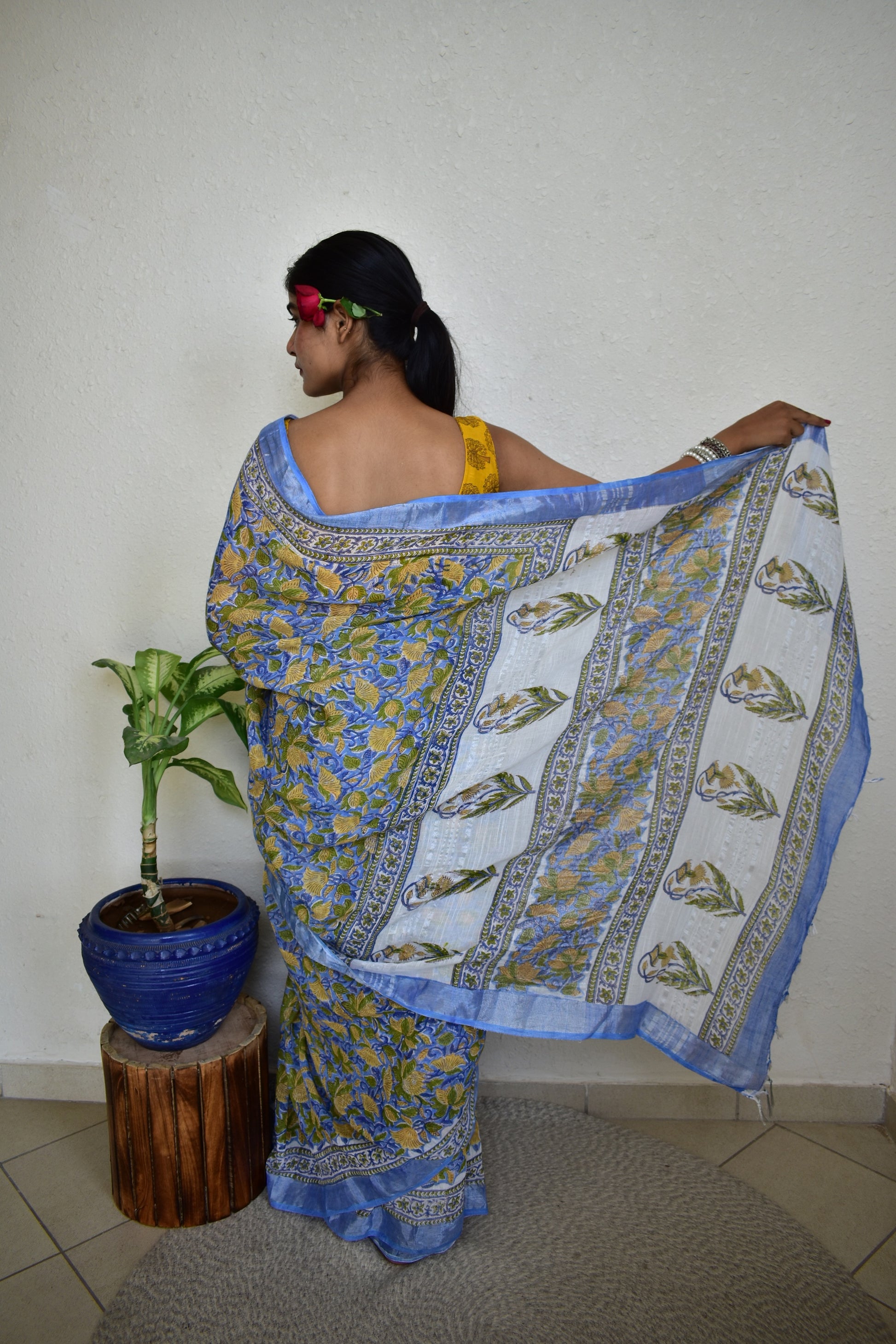 Yellow kaner - Handblock Print Natural Dyed - Linen Cotton Saree