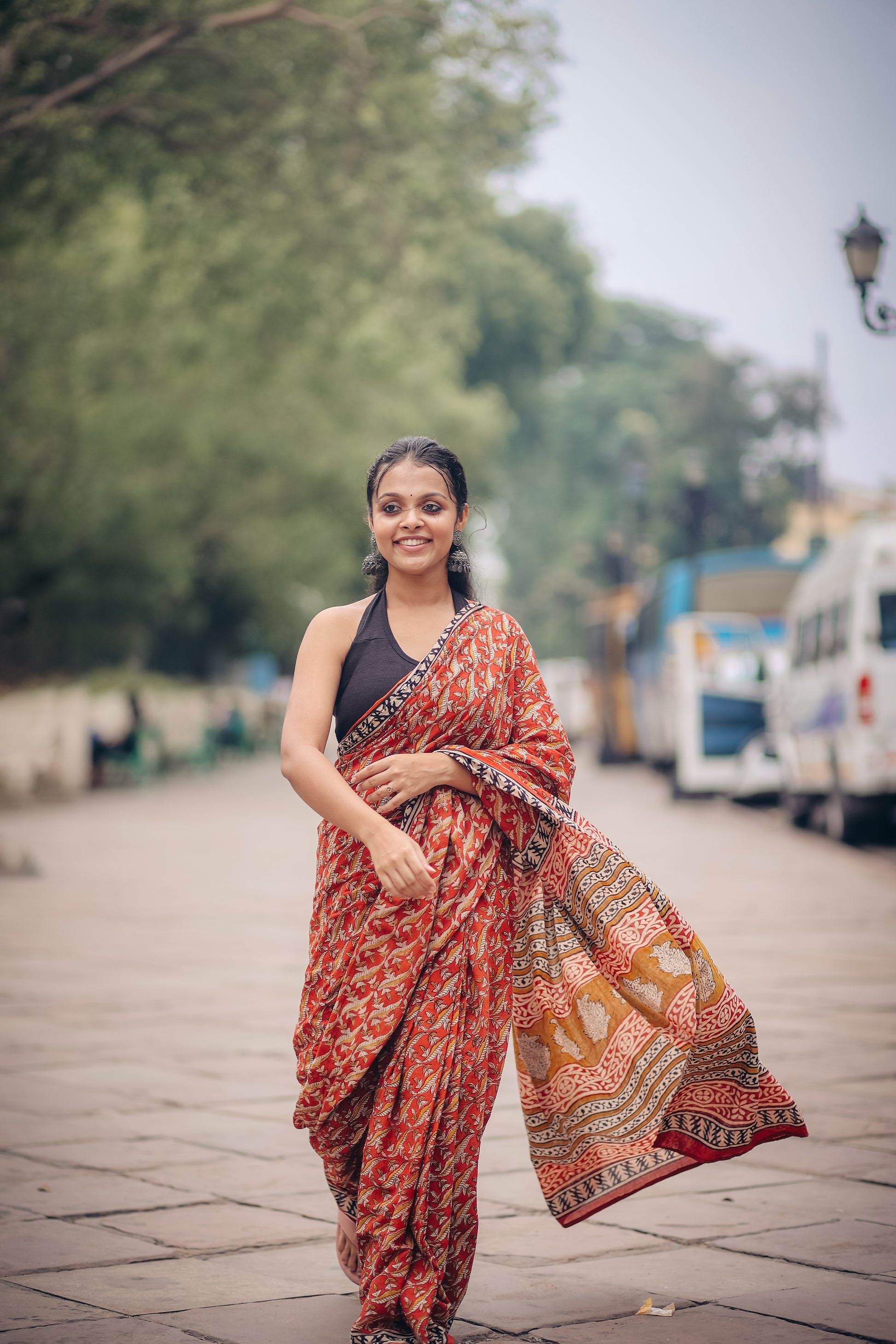 Gaurbandh- Bagru Natural Dyes Handblock Printed - Cotton Mulmul Saree