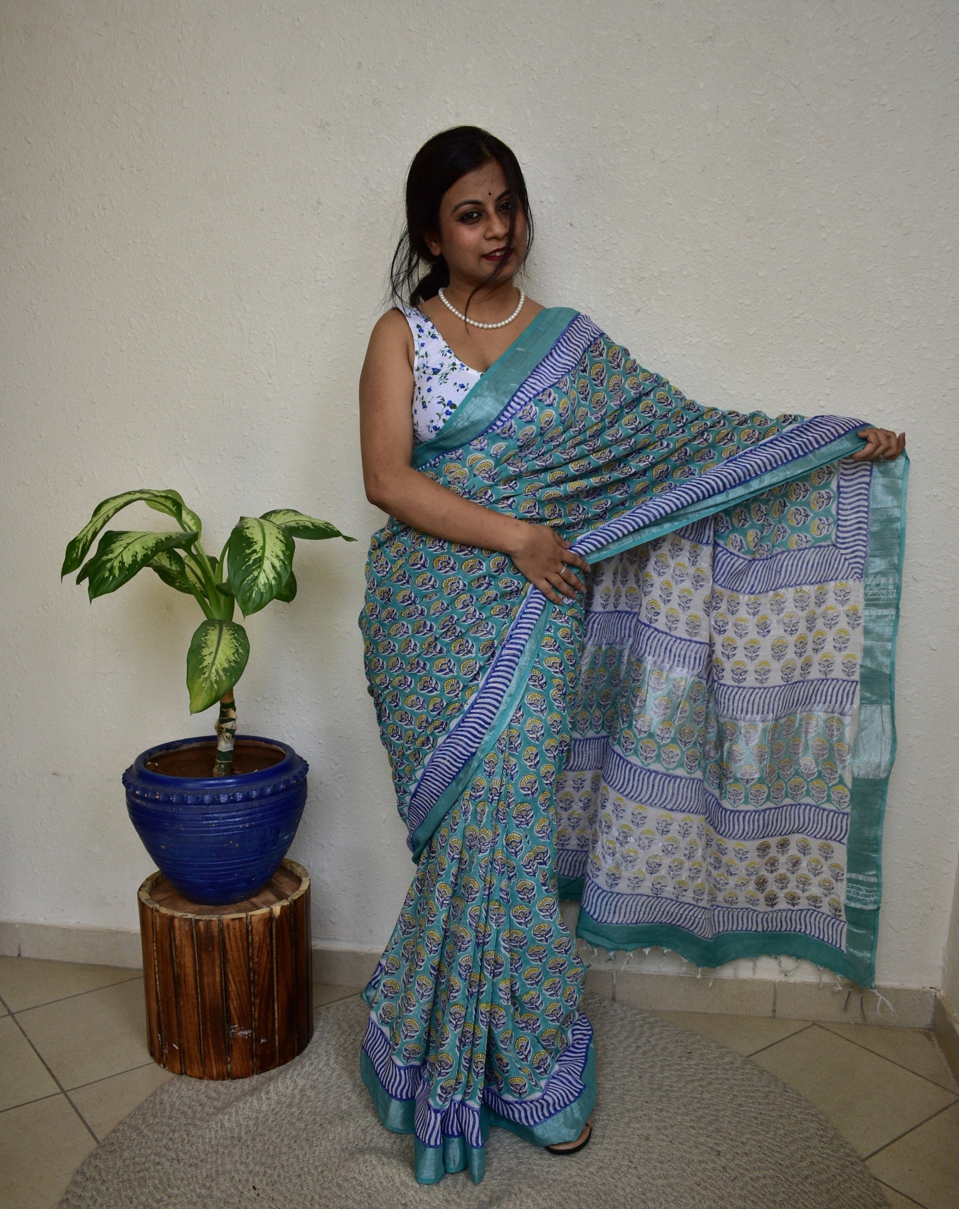 Aprajita - Handblock Print Natural Dyed - Linen Cotton Saree