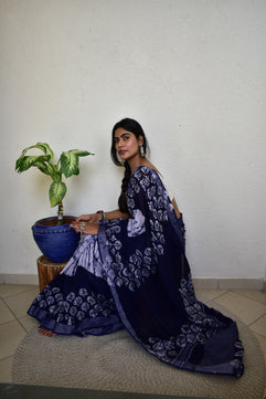 Indigofera Elegance - Handblock Print Natural Dyed - Linen Cotton Saree