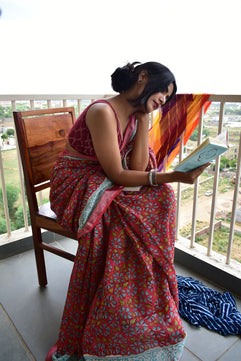 Red Ixora - Handblock Print Natural Dyed - Linen Cotton Saree