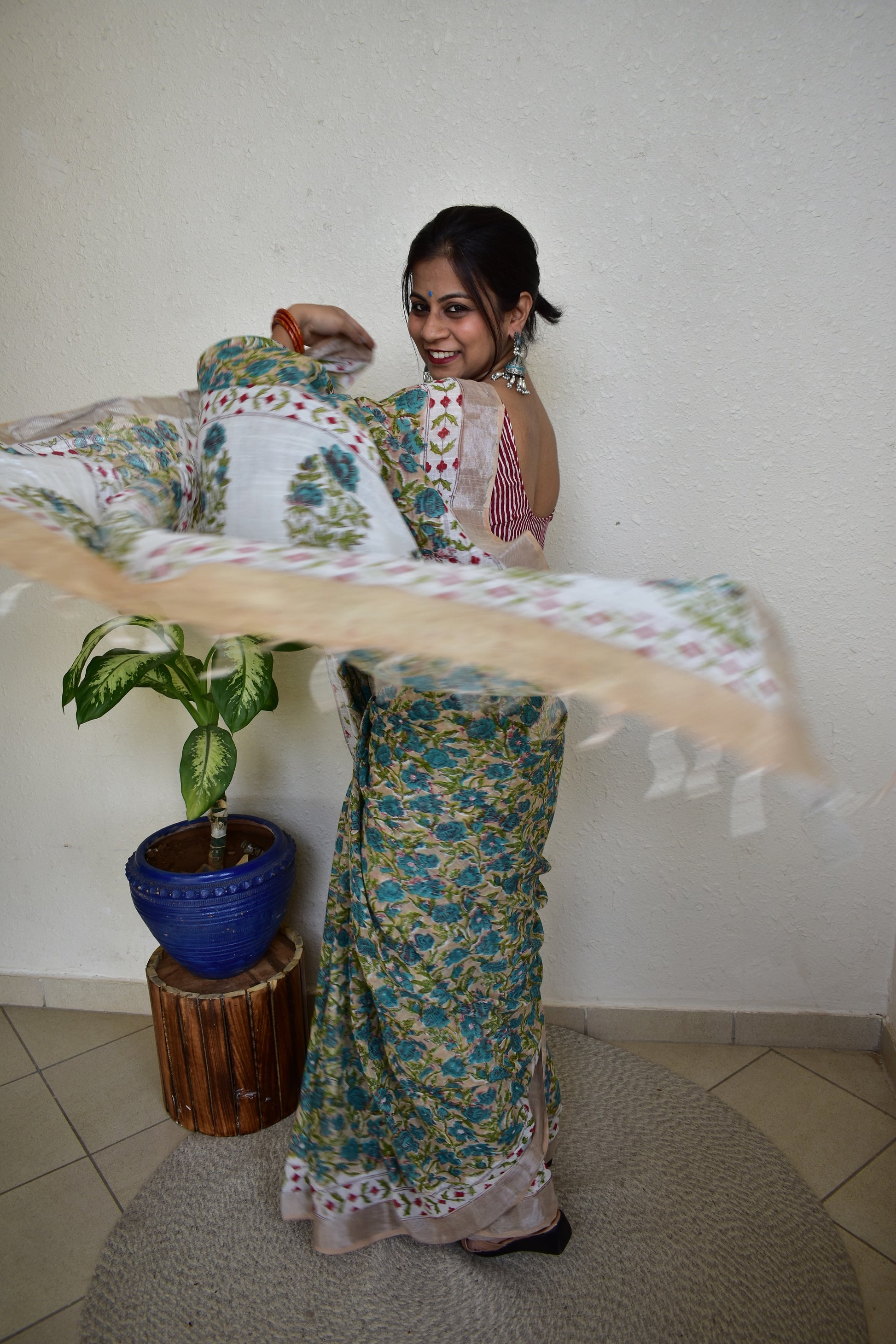 Delphinium - Handblock Print Natural Dyed - Linen Cotton Saree