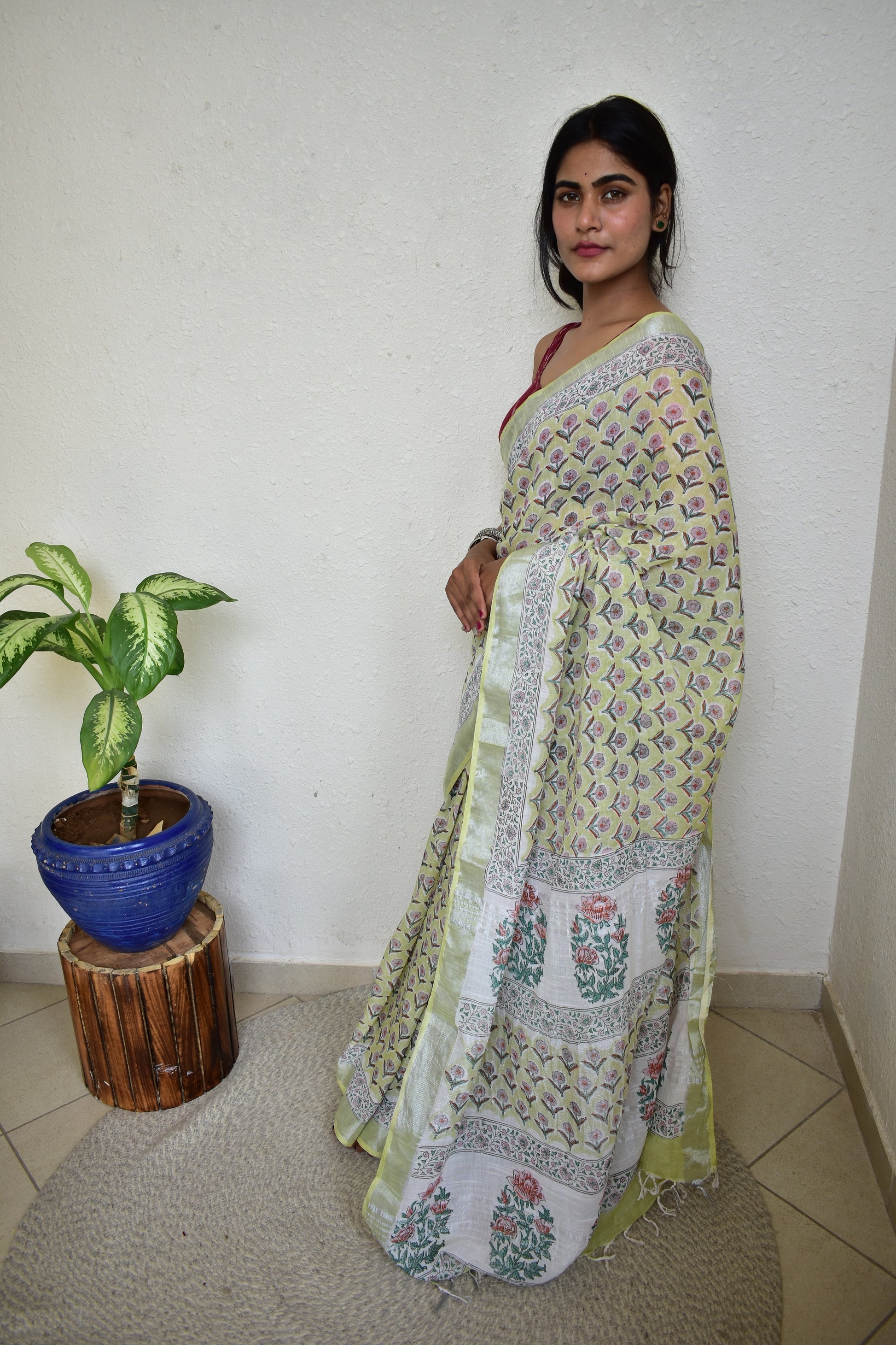 Sadabahar - Handblock Print Natural Dyed - Linen Cotton Saree