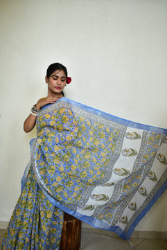 Yellow kaner - Handblock Print Natural Dyed - Linen Cotton Saree