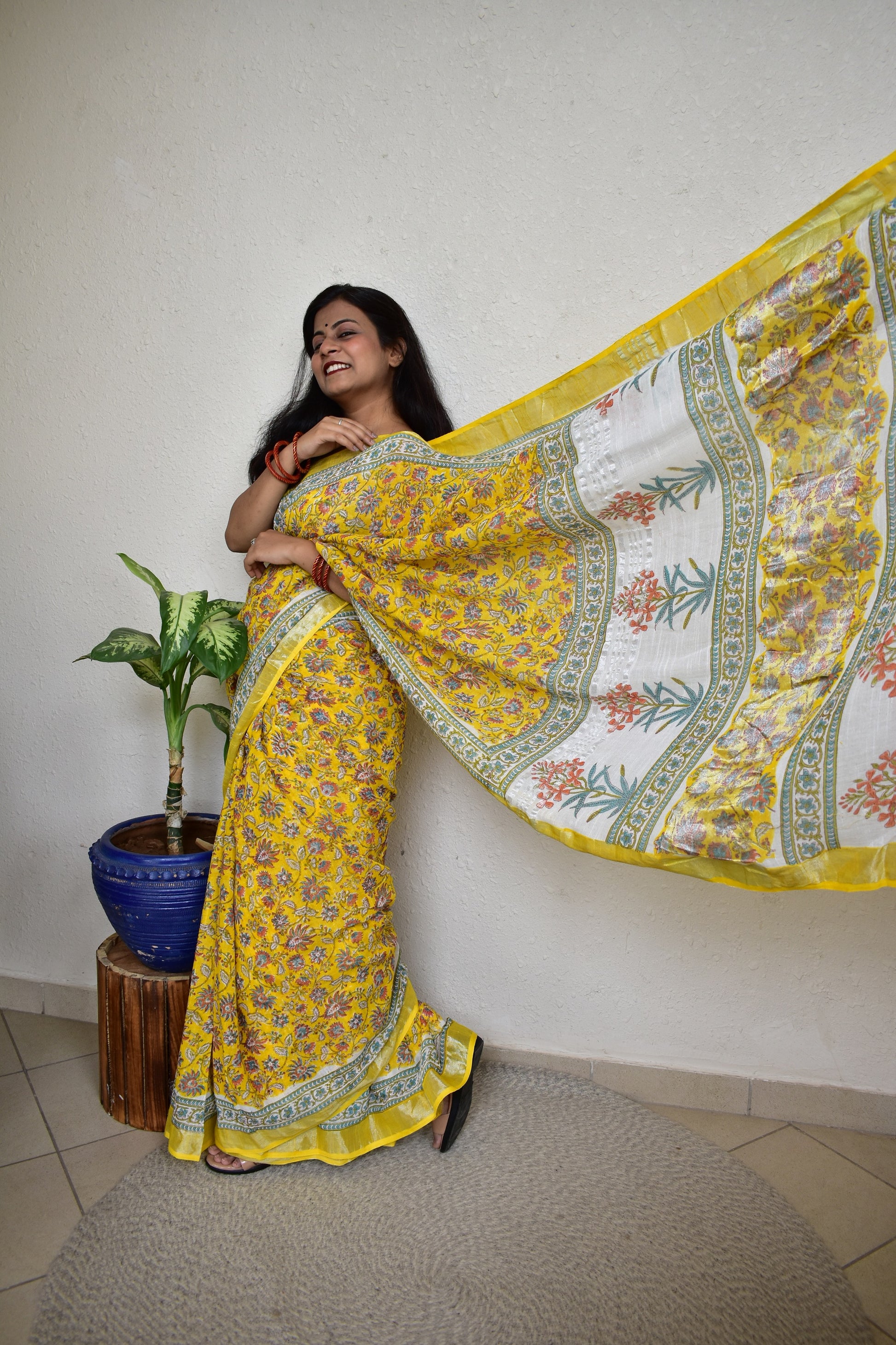 Marigold - Handblock Print Natural Dyed - Linen Cotton Saree