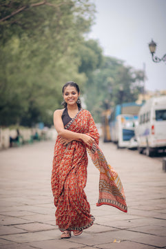 Gaurbandh- Bagru Natural Dyes Handblock Printed - Cotton Mulmul Saree