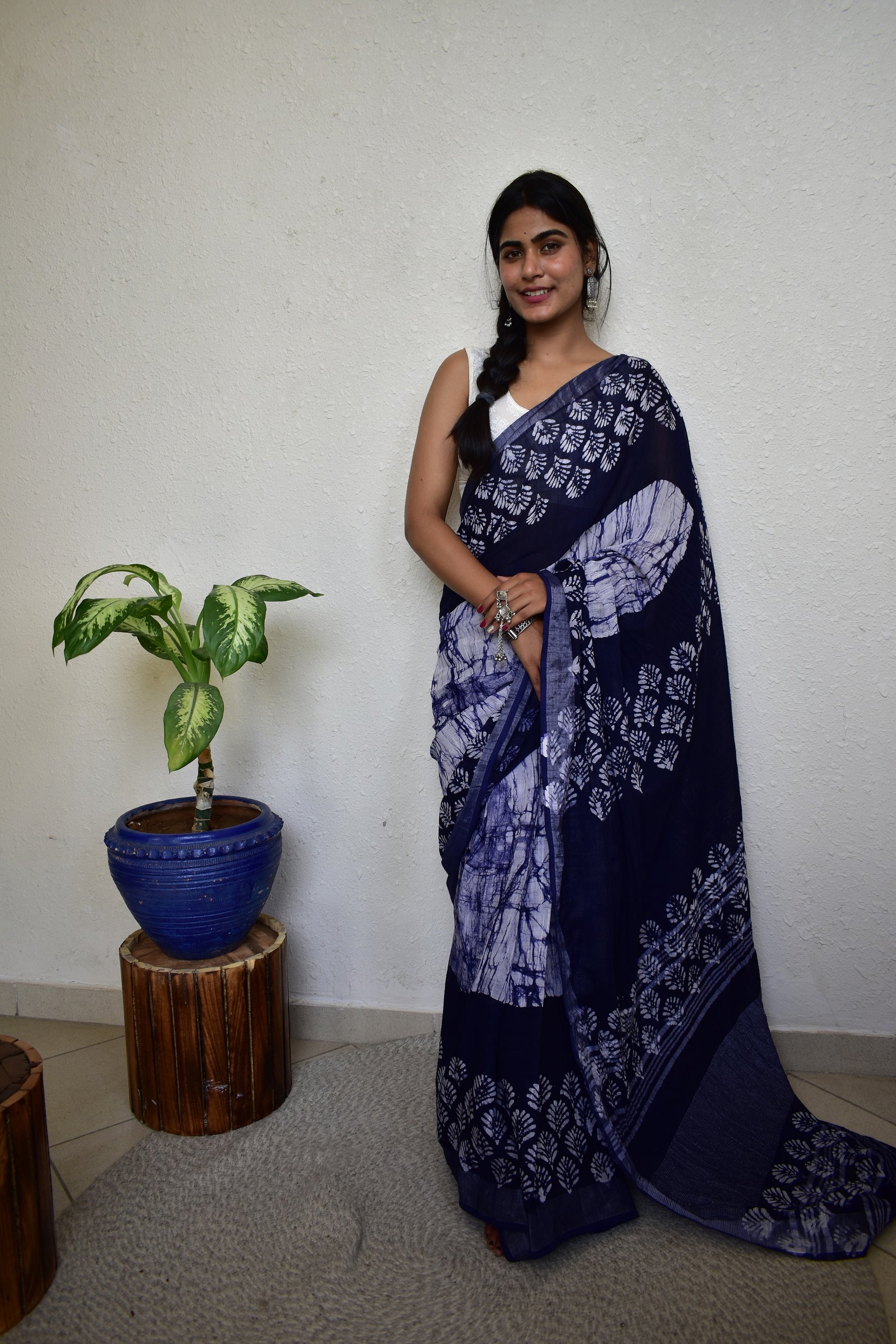 Indigofera Elegance - Handblock Print Natural Dyed - Linen Cotton Saree