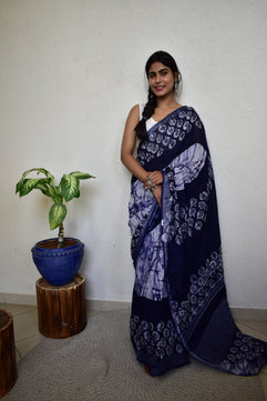 Indigofera Elegance - Handblock Print Natural Dyed - Linen Cotton Saree