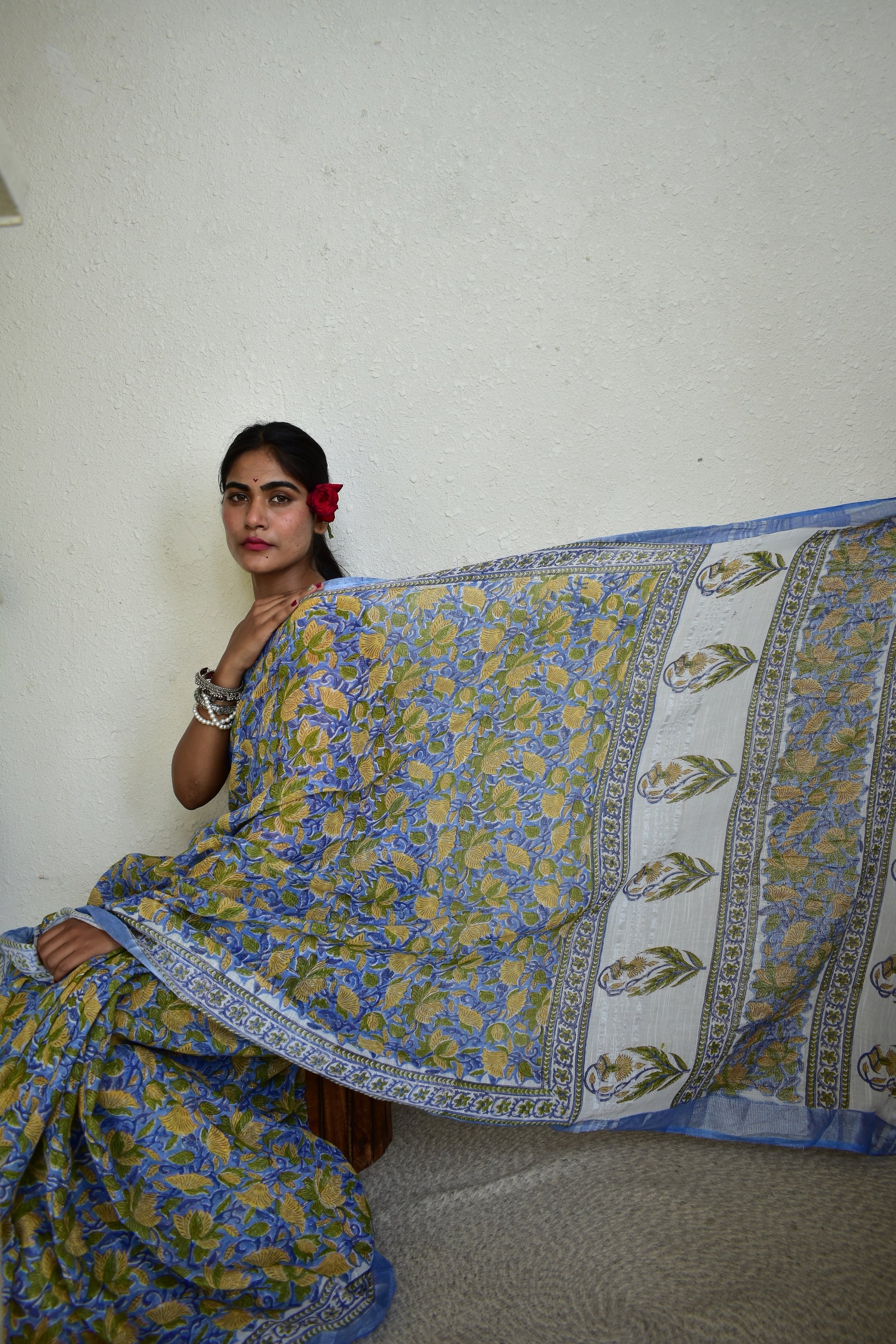 Yellow kaner - Handblock Print Natural Dyed - Linen Cotton Saree