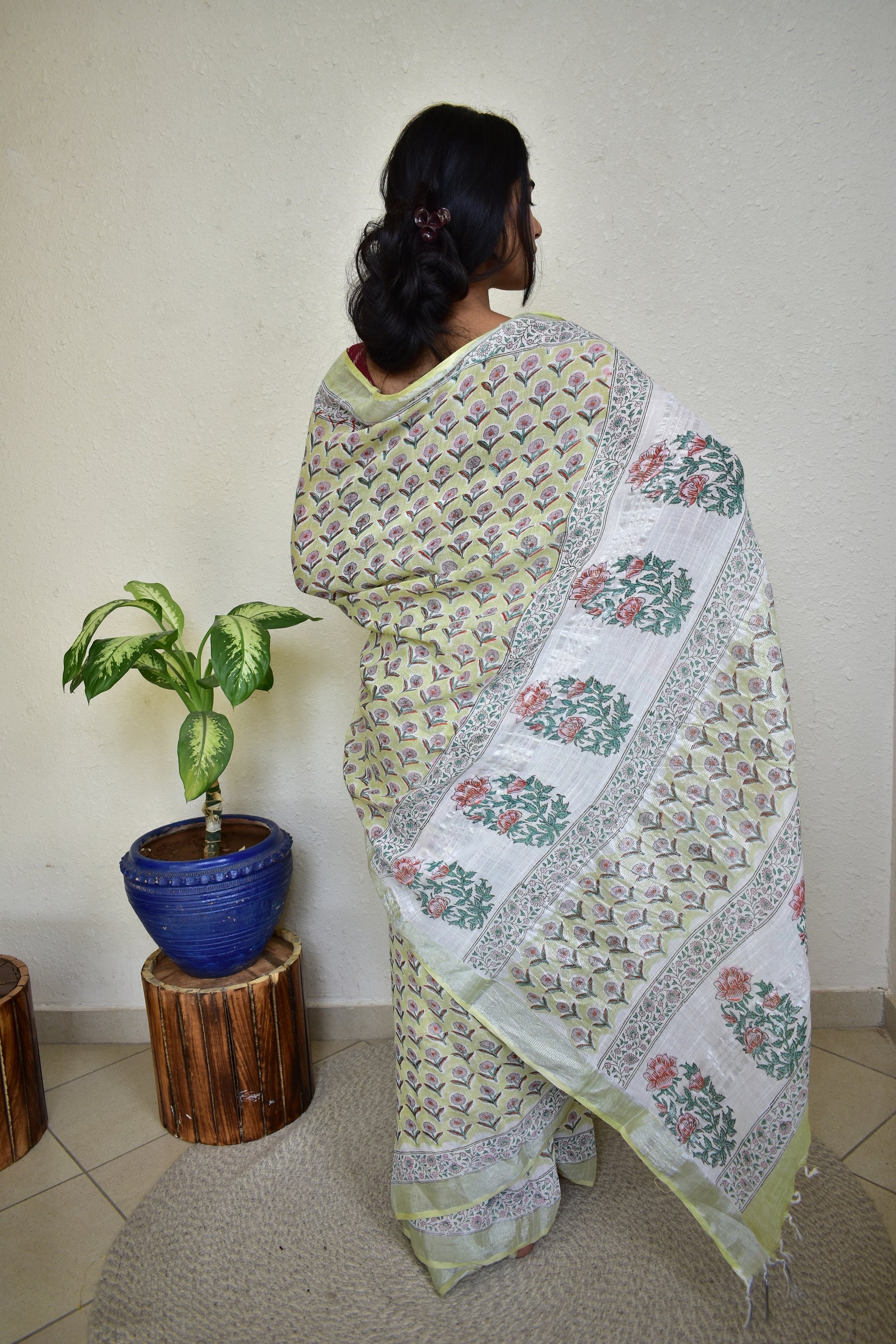 Sadabahar - Handblock Print Natural Dyed - Linen Cotton Saree