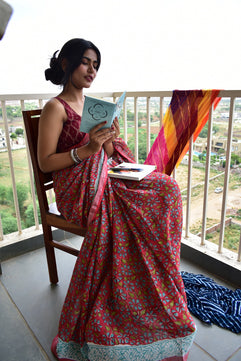 Red Ixora - Handblock Print Natural Dyed - Linen Cotton Saree