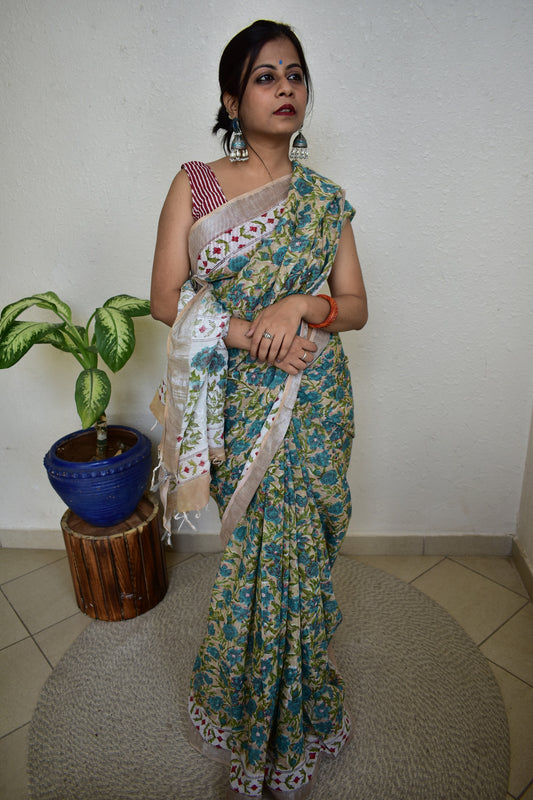 Delphinium - Handblock Print Natural Dyed - Linen Cotton Saree