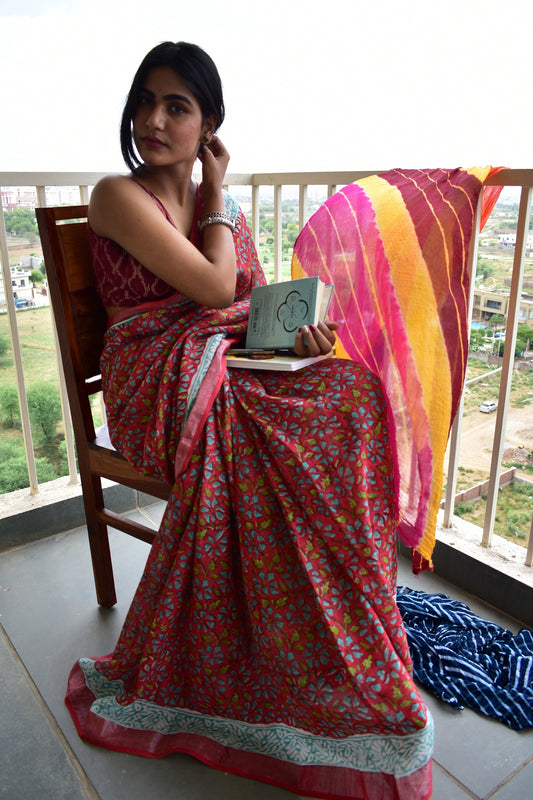 Red Ixora - Handblock Print Natural Dyed - Linen Cotton Saree