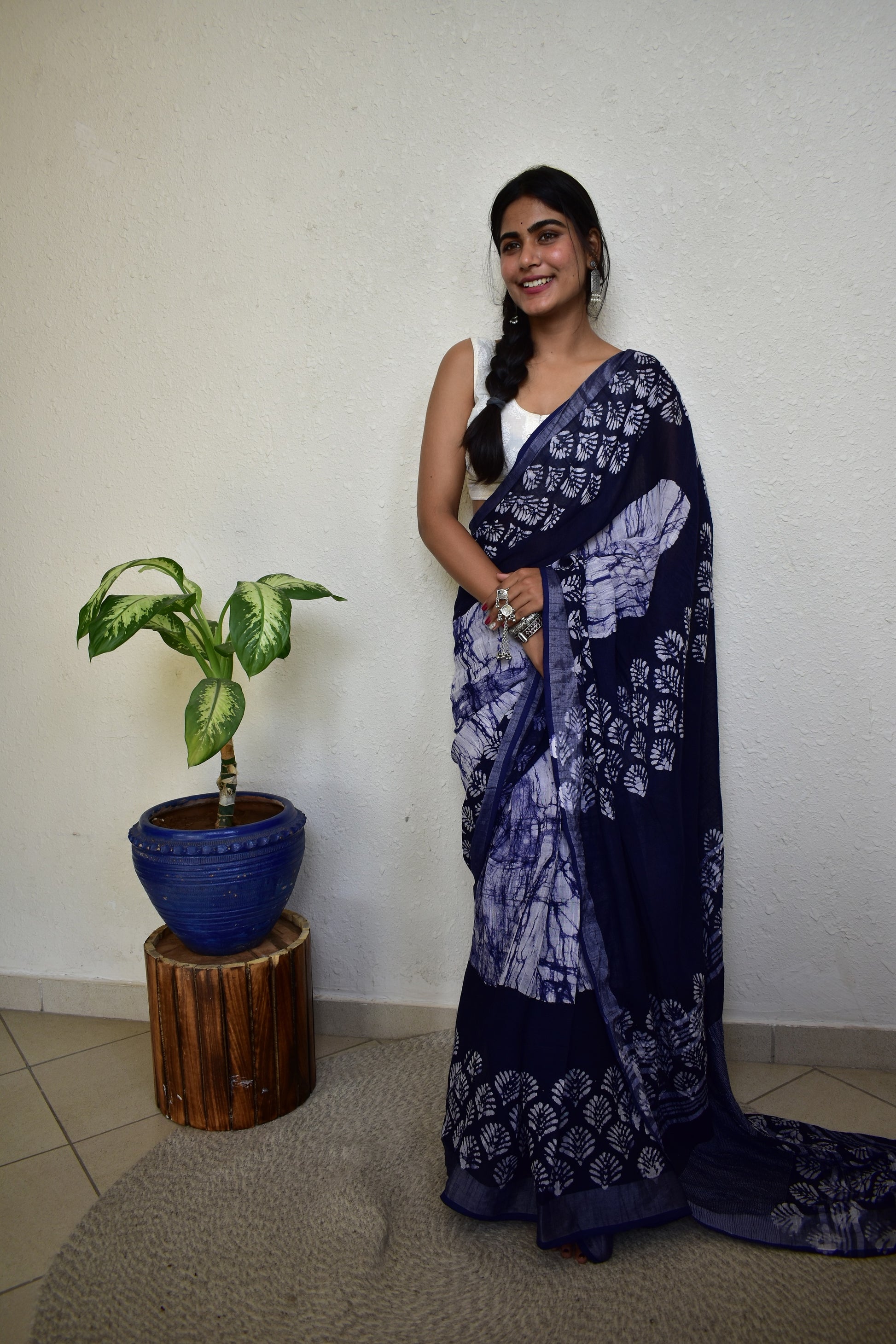 Indigofera Elegance - Handblock Print Natural Dyed - Linen Cotton Saree