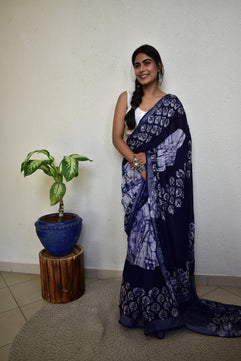 Indigofera Elegance - Handblock Print Natural Dyed - Linen Cotton Saree