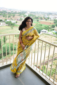 Marigold - Handblock Print Natural Dyed - Linen Cotton Saree