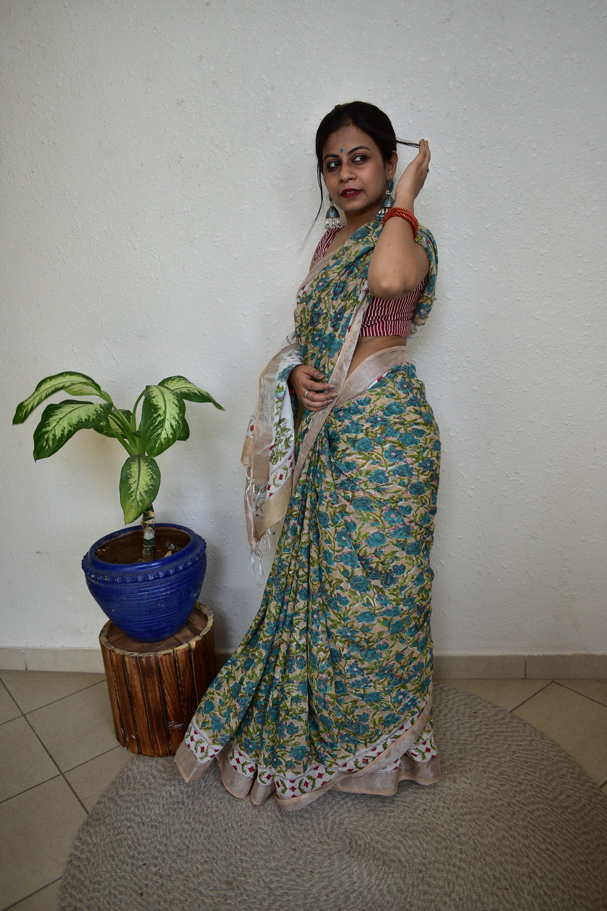 Delphinium - Handblock Print Natural Dyed - Linen Cotton Saree