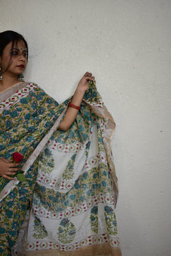 Delphinium - Handblock Print Natural Dyed - Linen Cotton Saree