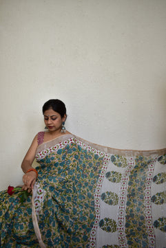 Delphinium - Handblock Print Natural Dyed - Linen Cotton Saree