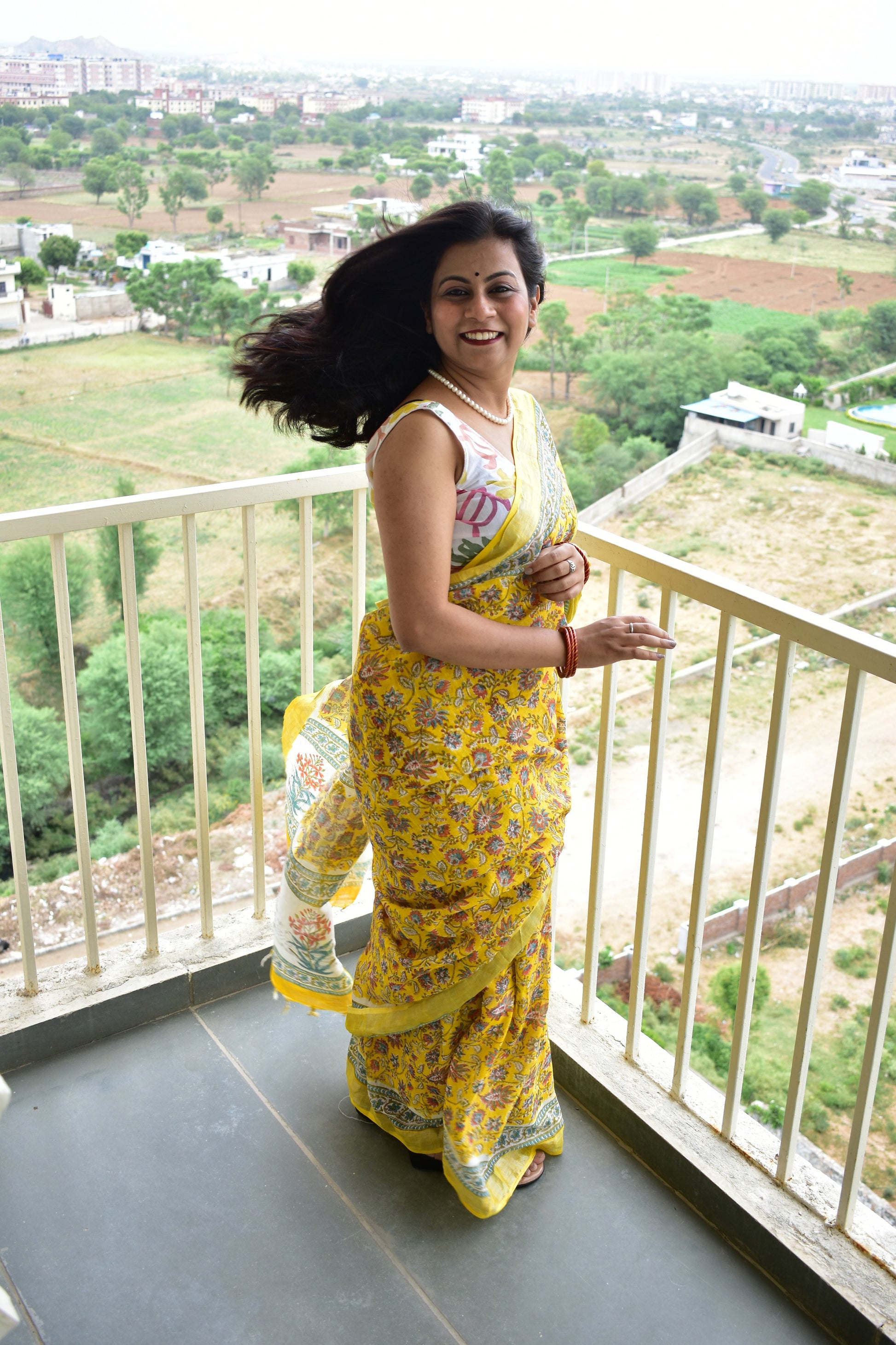 Marigold - Handblock Print Natural Dyed - Linen Cotton Saree