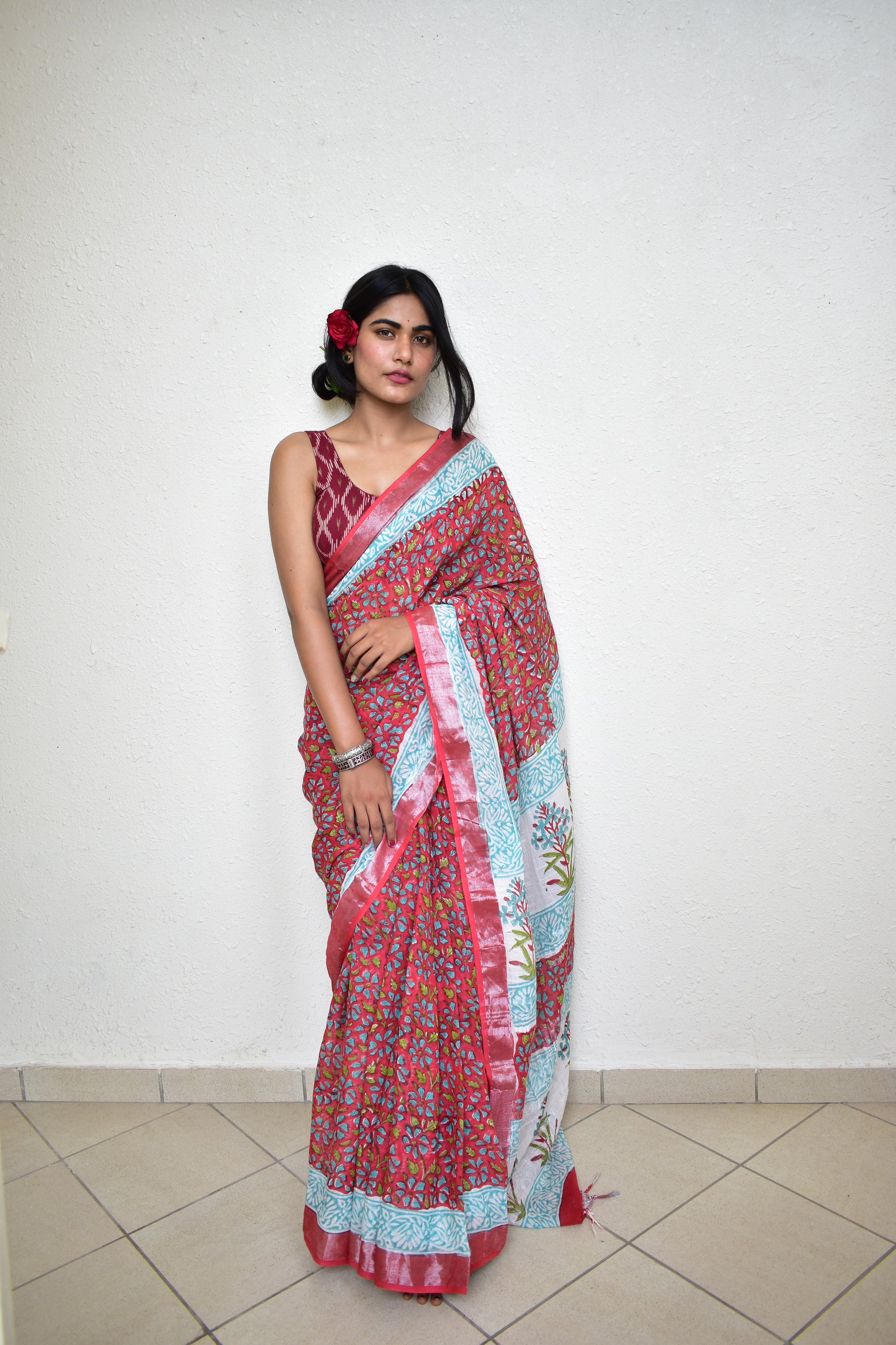 Red Ixora - Handblock Print Natural Dyed - Linen Cotton Saree