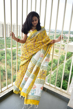 Marigold - Handblock Print Natural Dyed - Linen Cotton Saree