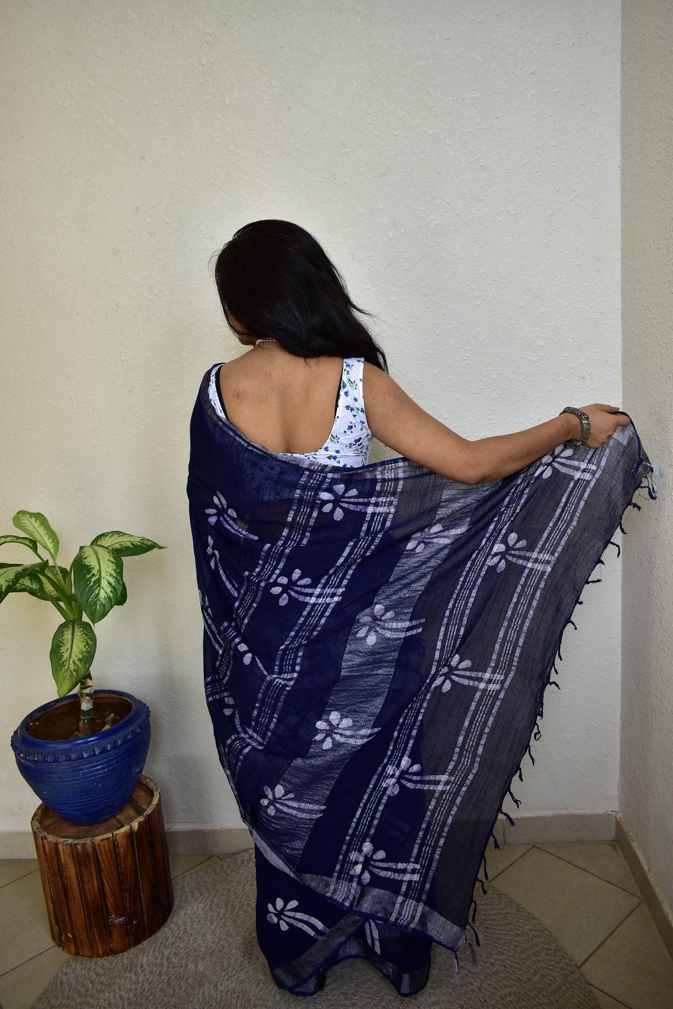 Indigofera Enchatment - Handblock Print Natural Dyed - Linen Cotton Saree