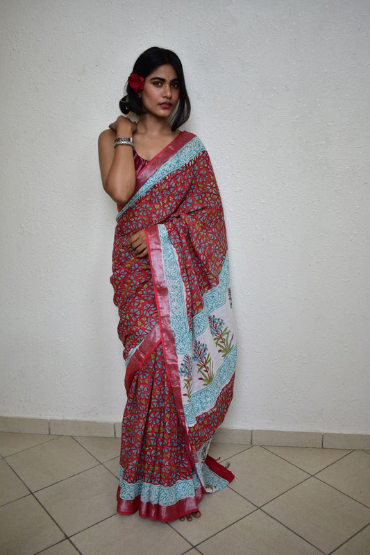 Red Ixora - Handblock Print Natural Dyed - Linen Cotton Saree