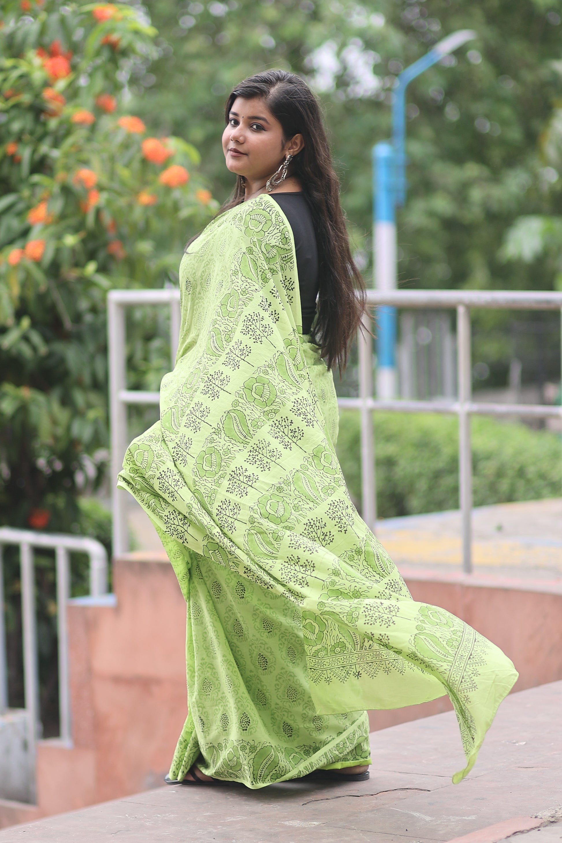 Summer Vacation Collection - Hariya Baag - Handblock Print Natural Dyed - Mulmul Cotton Saree