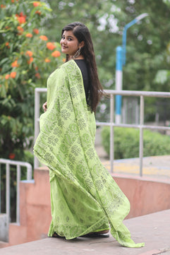 Summer Vacation Collection - Hariya Baag - Handblock Print Natural Dyed - Mulmul Cotton Saree